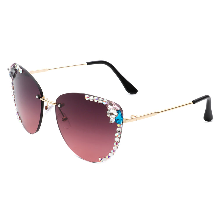 Nightbri - Women Rimless Tinted Chic Rhinestone Fashion Cat Eye Sunglasses