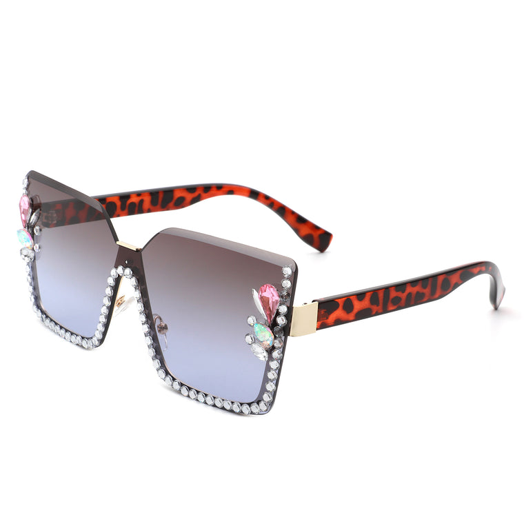 Ceres - Oversize Half Frame Square Rhinestone Women Fashion Sunglasses