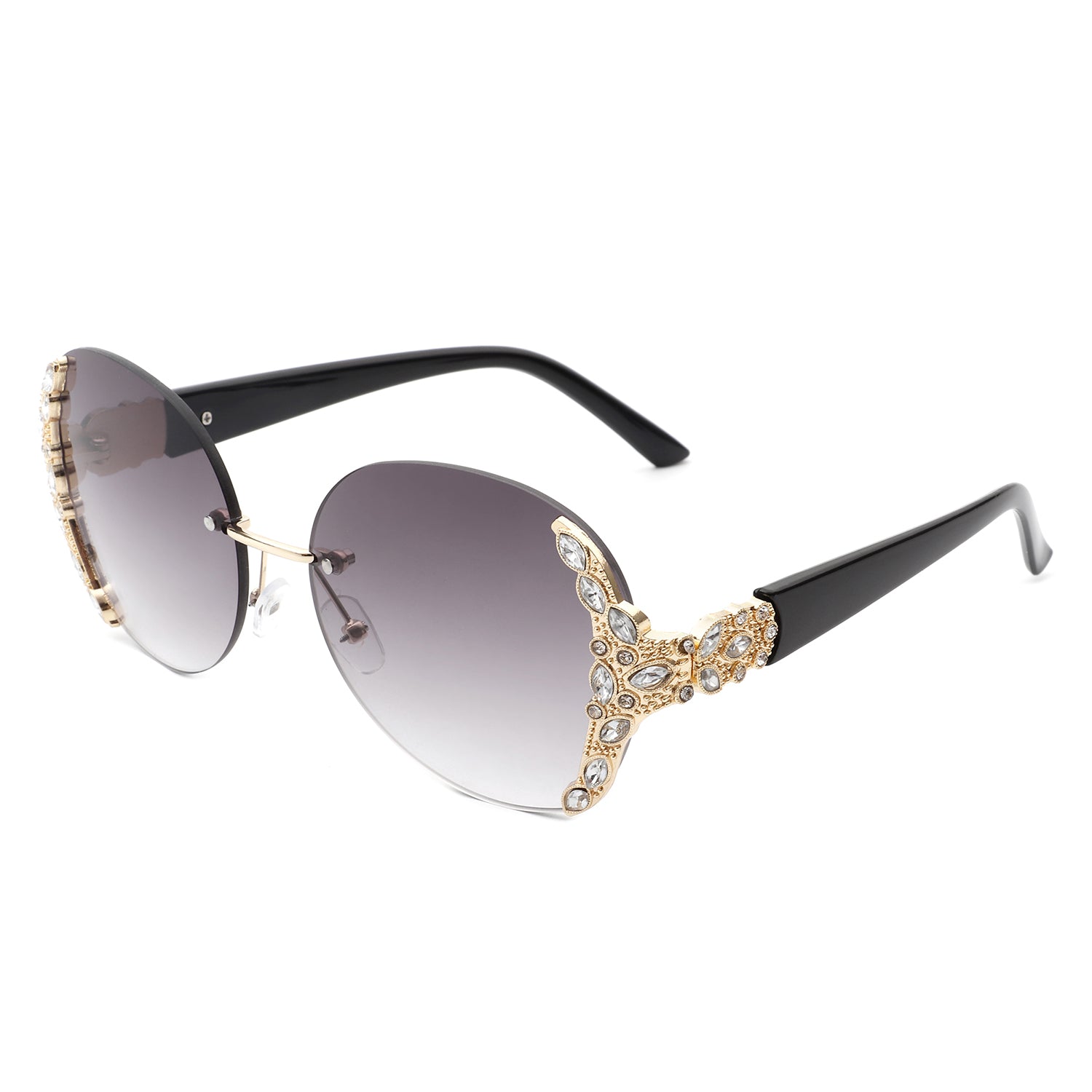 Jadeisle - Women Oval Rimless Rhinestone Design Round Oversize Sunglasses Gradient Purple