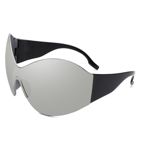 Oriel - Women Fashion Rimless Oversized Shield Wraparound Sunglasses