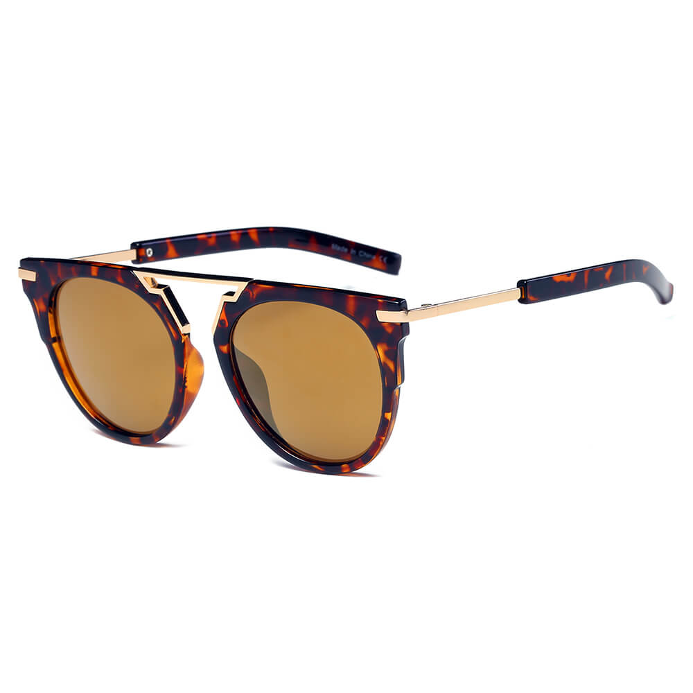 Hanover | Unisex Fashion Brow-Bar Round Sunglasses Gold - Tortoise Frame Amber Lens