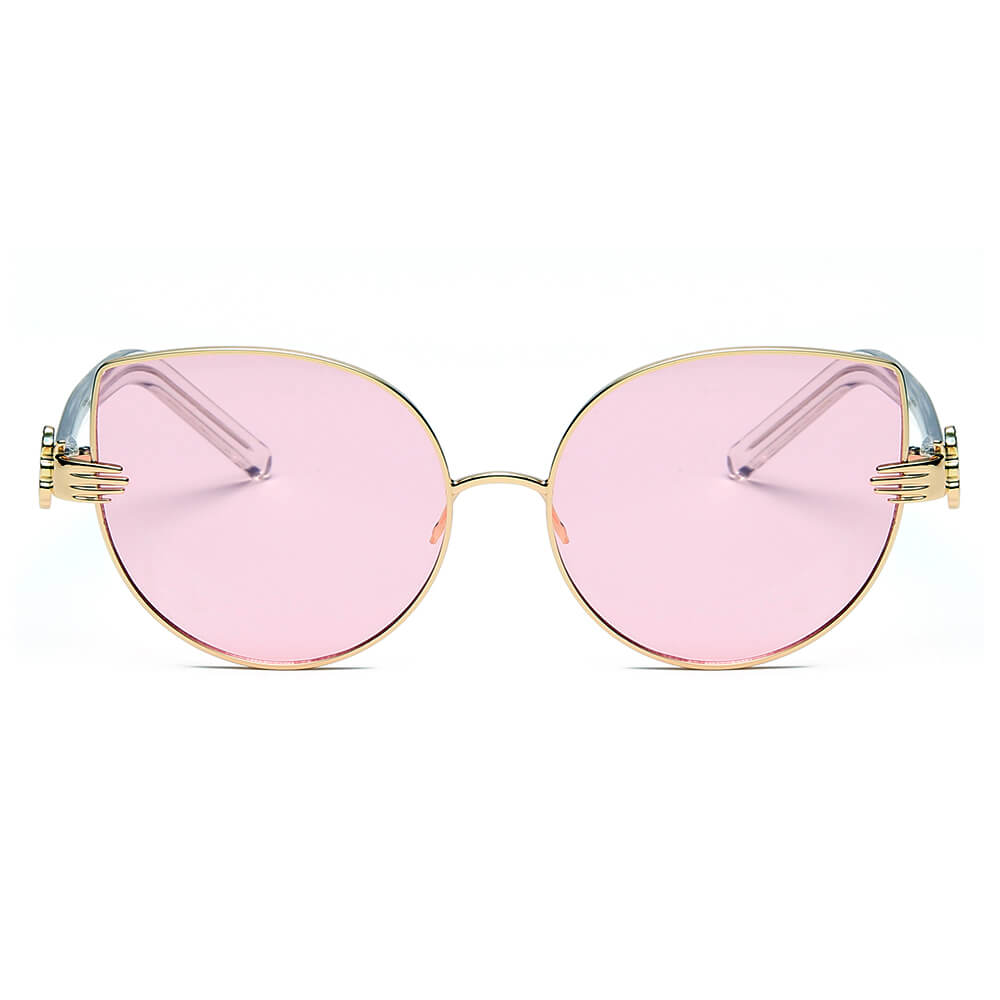 Womens Retro Gold Metal Arm Micro Cat Eye Indie Snug Sunglasses White Pink  