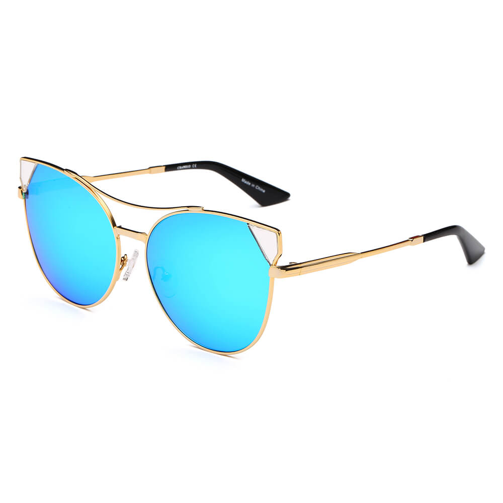Aspen - Women Trendy Mirrored Lens Cat Eye Sunglasses, Gold - Icy Blue
